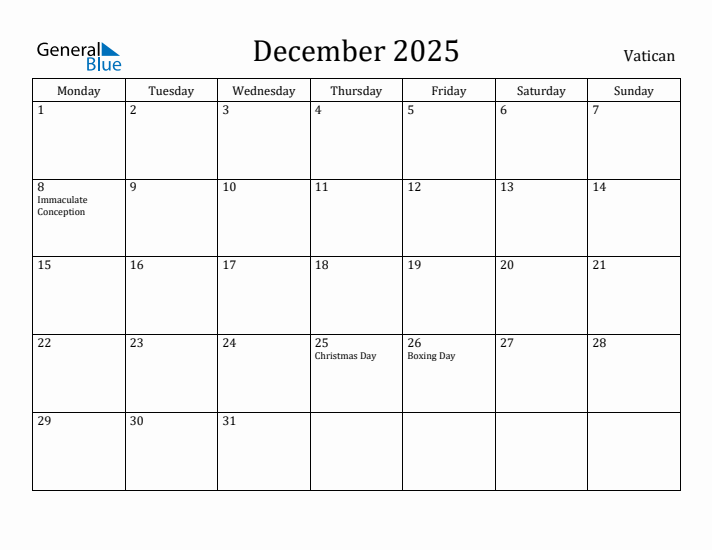 December 2025 Calendar Vatican