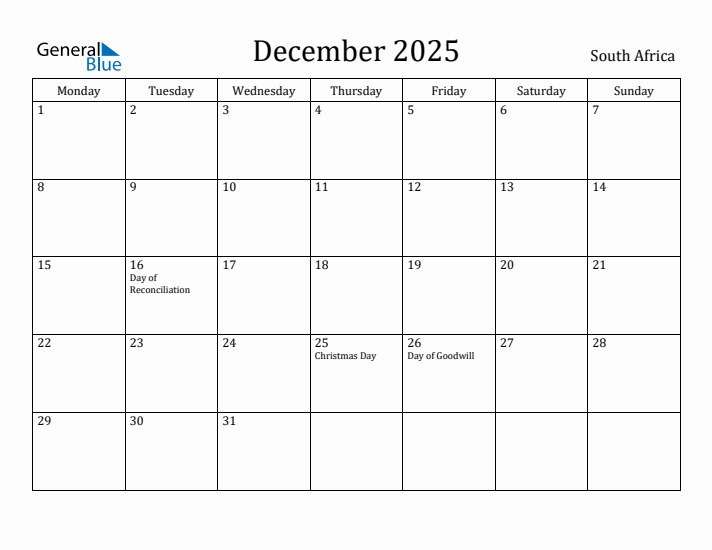 December 2025 Calendar South Africa