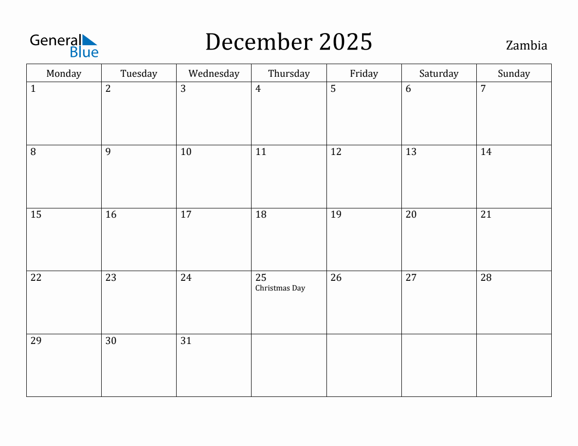 December 2025 Zambia Monthly Calendar with Holidays