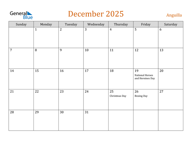 Anguilla December 2025 Calendar with Holidays