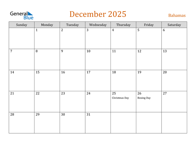 December 2025 Calendar with Bahamas Holidays