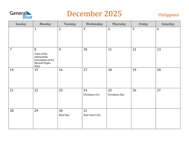 Philippines December 2025 Calendar with Holidays