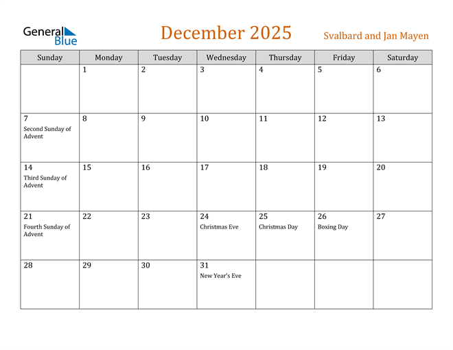 Svalbard and Jan Mayen December 2025 Calendar with Holidays