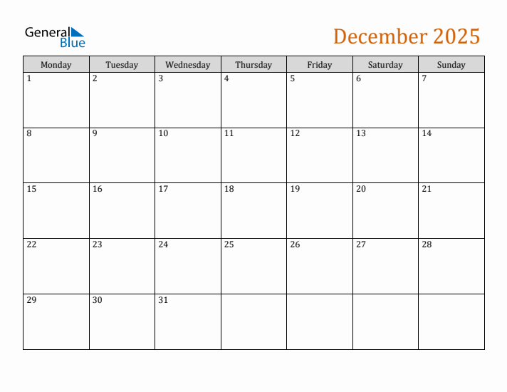 Editable December 2025 Calendar