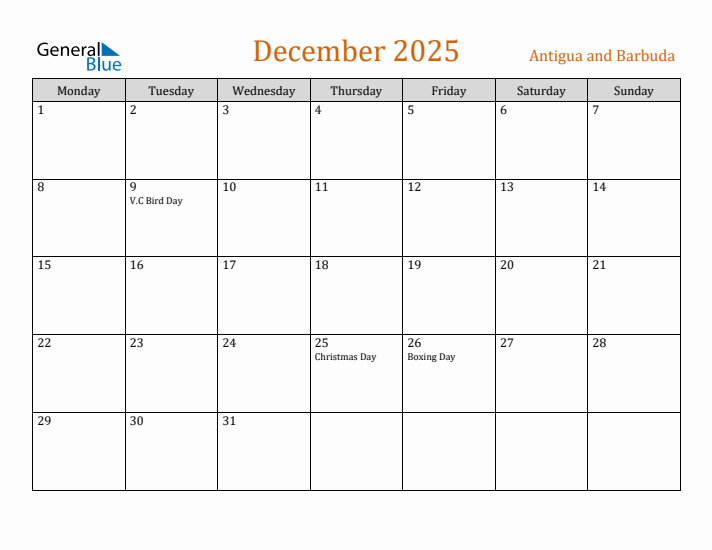 December 2025 Antigua and Barbuda Monthly Calendar with Holidays