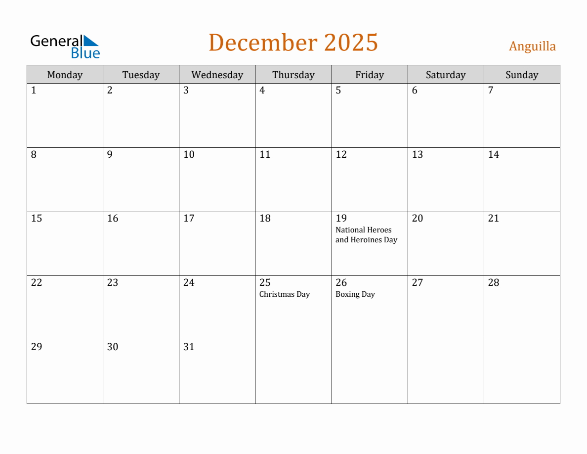 Free December 2025 Anguilla Calendar