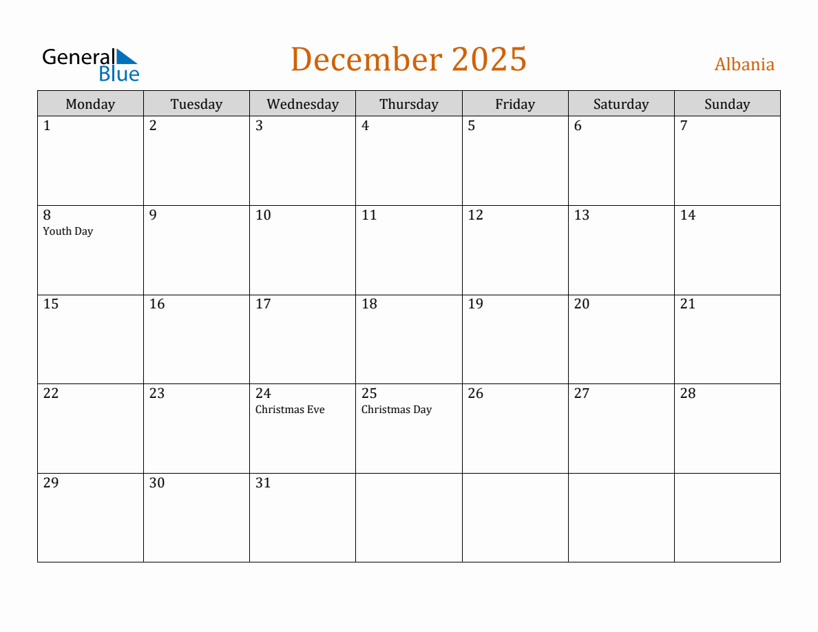 Free December 2025 Albania Calendar