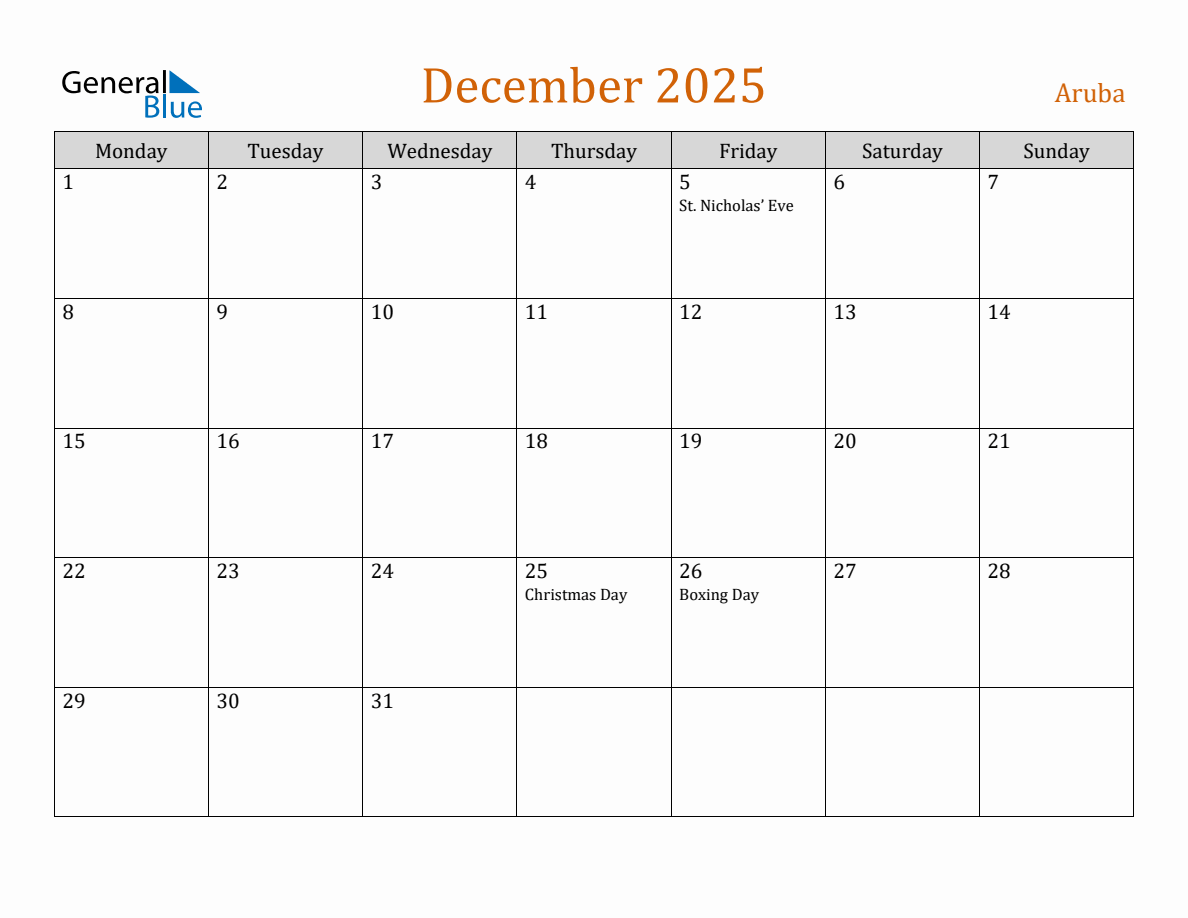 Free December 2025 Aruba Calendar