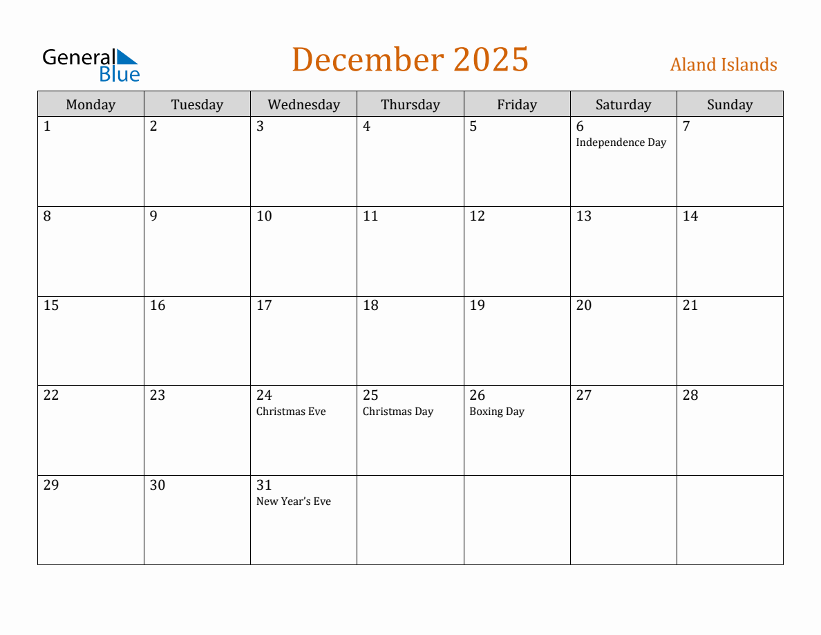 Free December 2025 Aland Islands Calendar