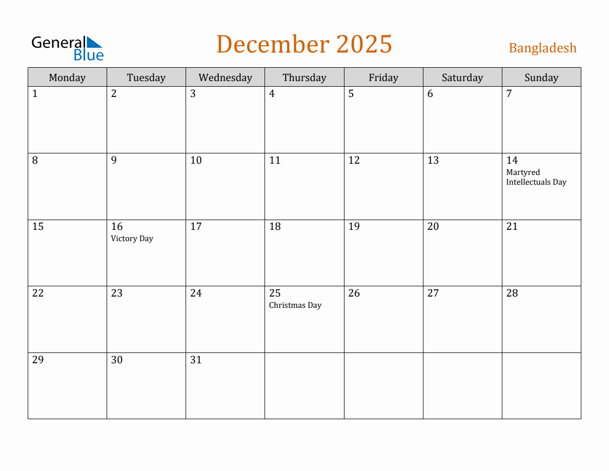 Free December 2025 Bangladesh Calendar