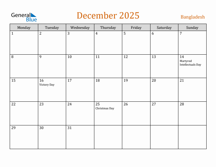 December 2025 Holiday Calendar with Monday Start