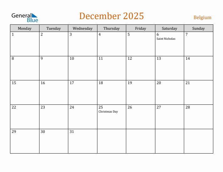 December 2025 Holiday Calendar with Monday Start
