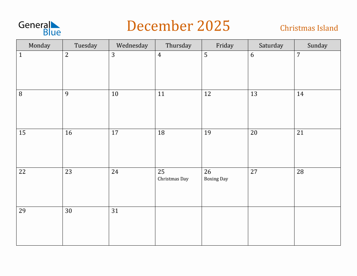 Free December 2025 Christmas Island Calendar