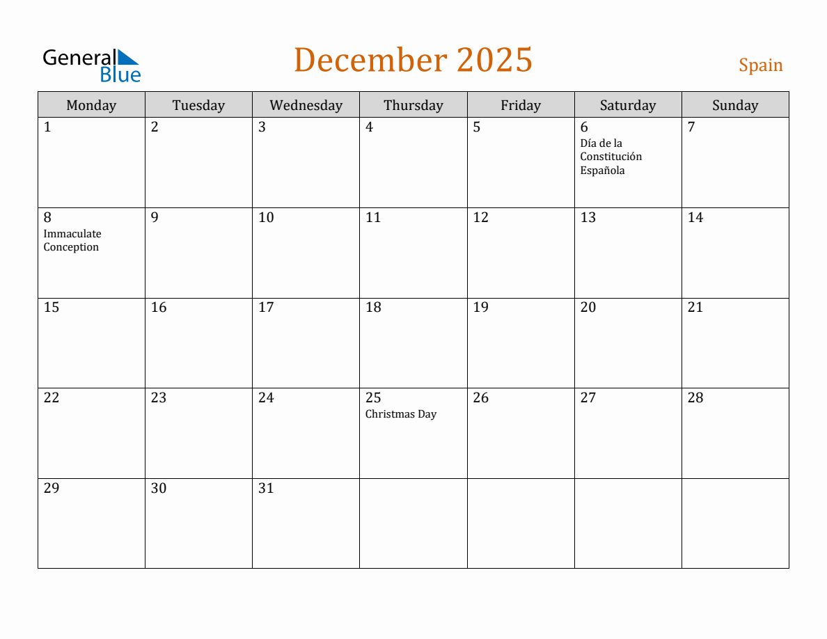 Free December 2025 Spain Calendar