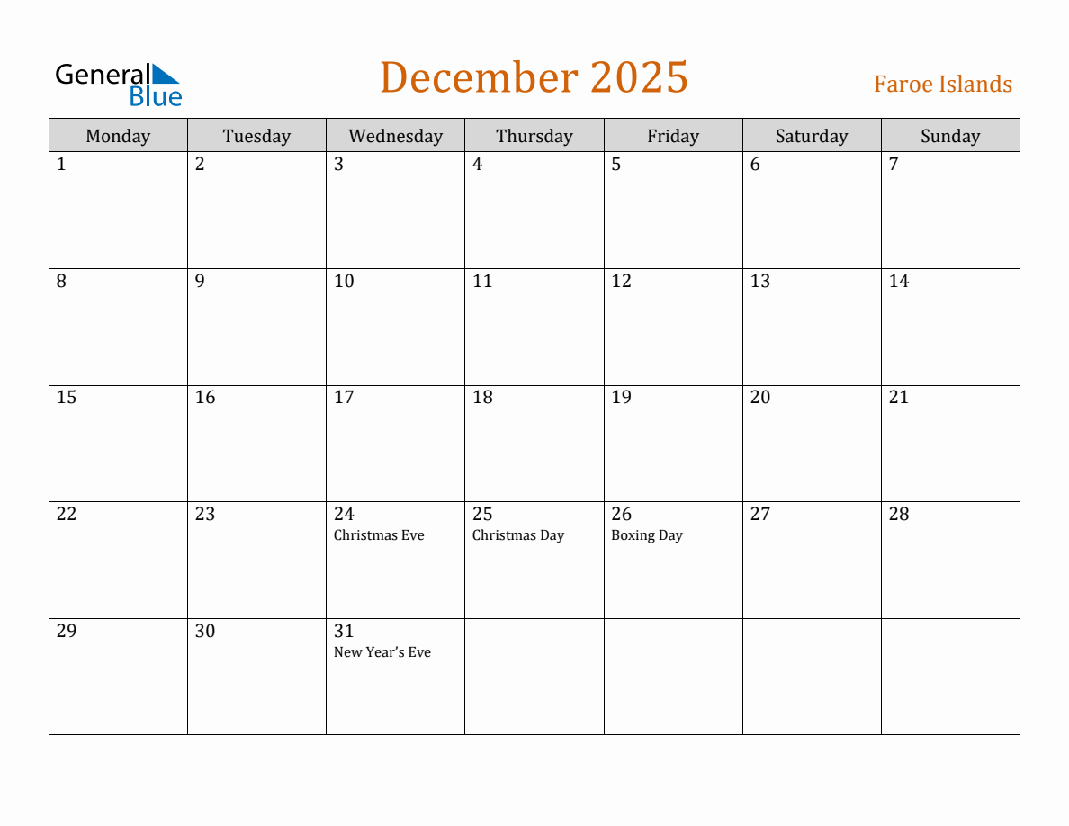 Free December 2025 Faroe Islands Calendar