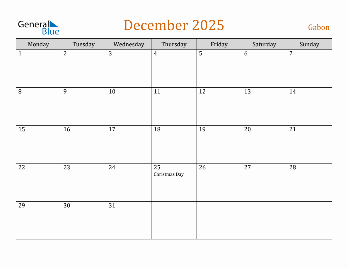 Free December 2025 Gabon Calendar