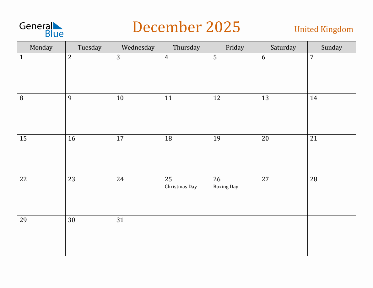 Free December 2025 United Kingdom Calendar