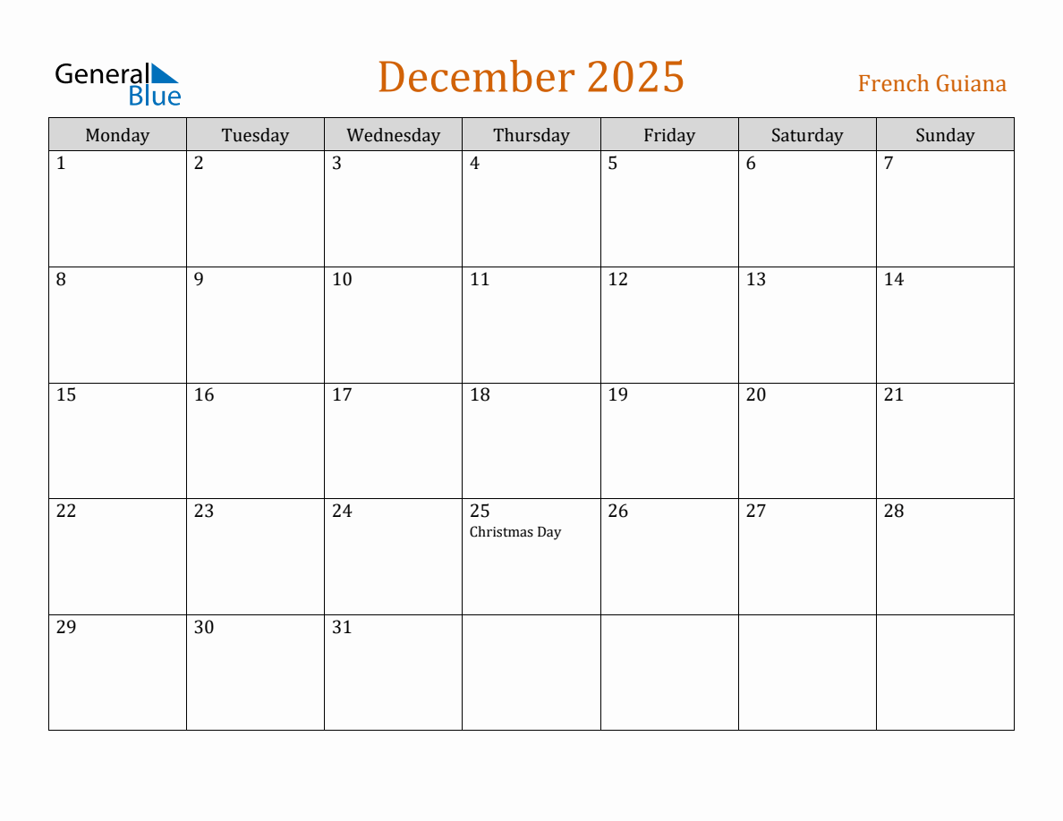 Free December 2025 French Guiana Calendar