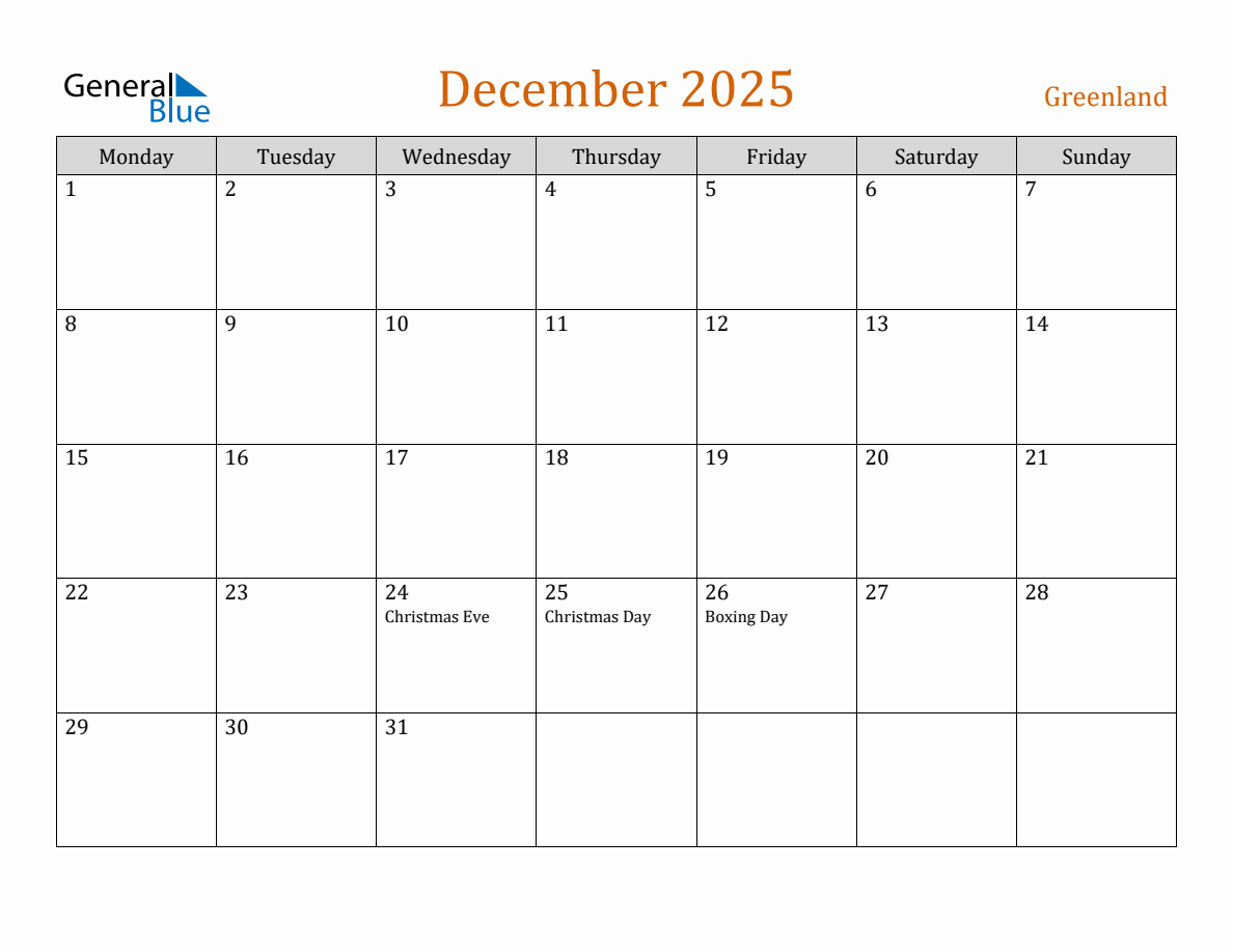 Free December 2025 Greenland Calendar