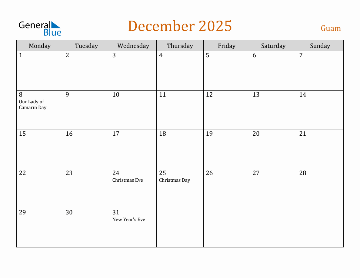 Free December 2025 Guam Calendar