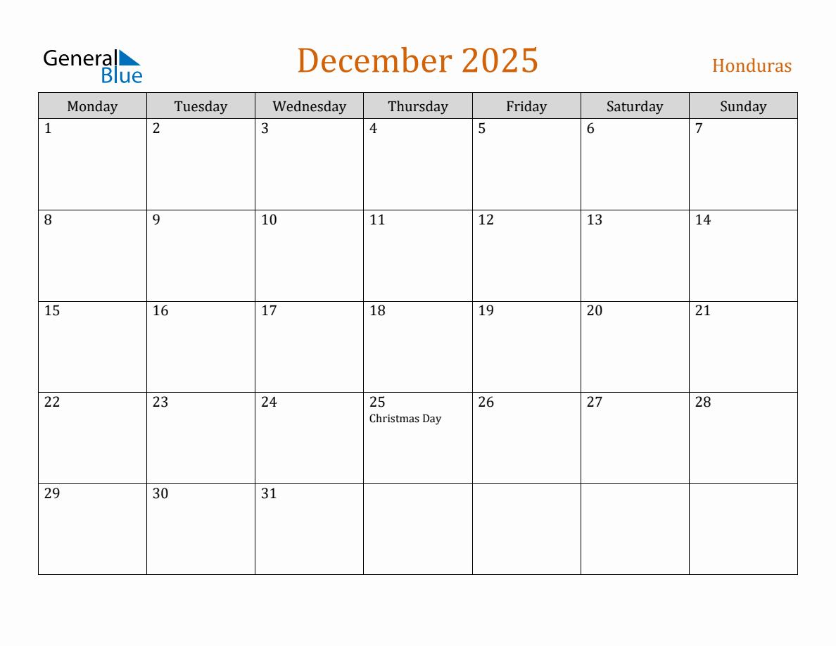 Free December 2025 Honduras Calendar