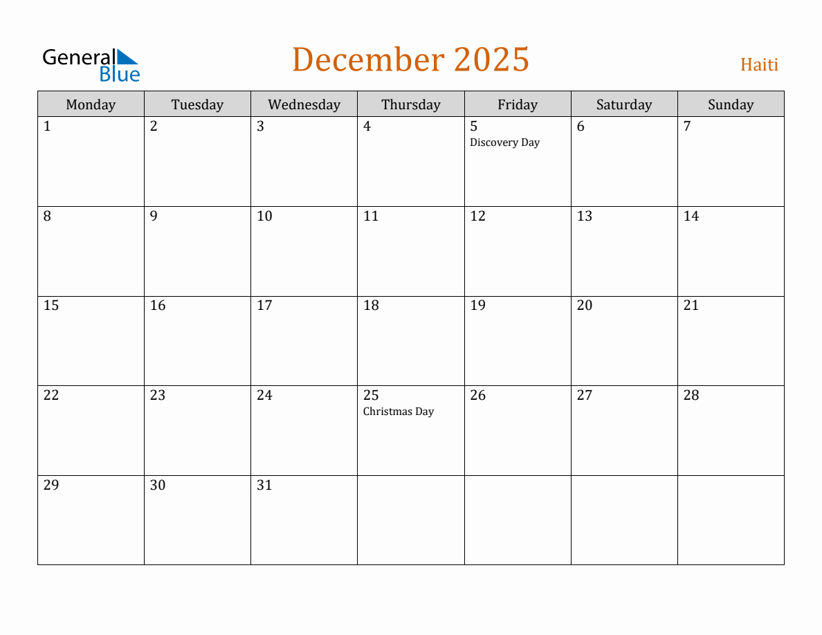 Free December 2025 Haiti Calendar