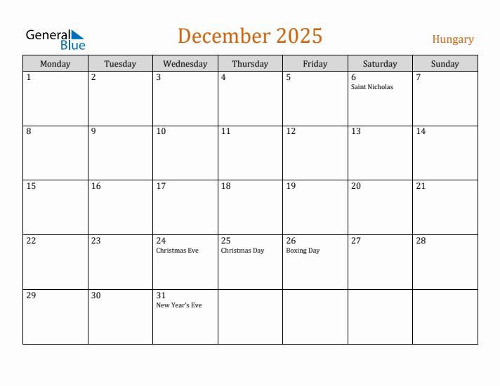 December 2025 Holiday Calendar with Monday Start