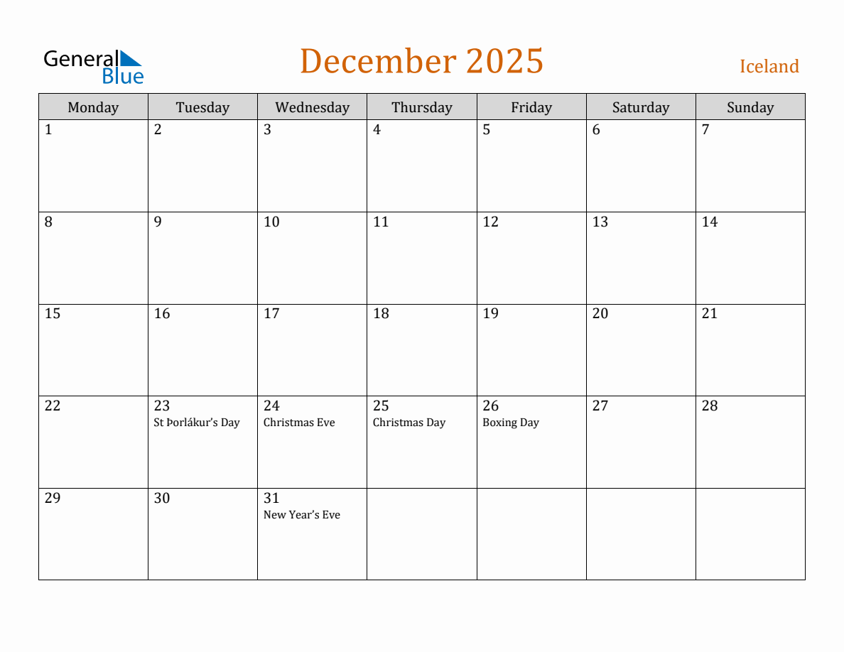 Free December 2025 Iceland Calendar