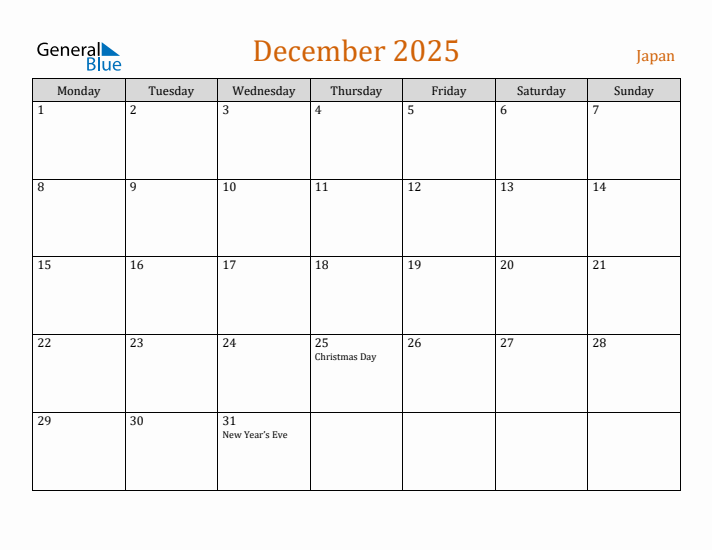 December 2025 Holiday Calendar with Monday Start