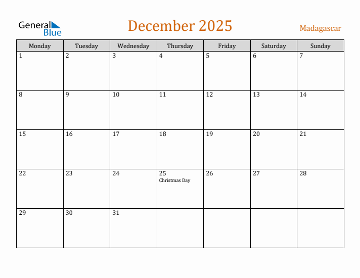 Free December 2025 Madagascar Calendar