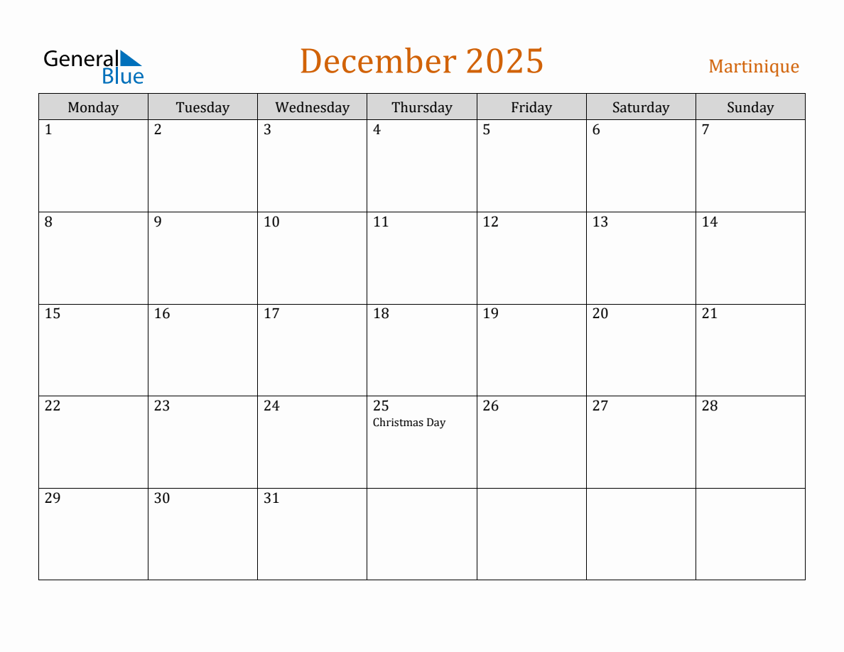 Free December 2025 Martinique Calendar