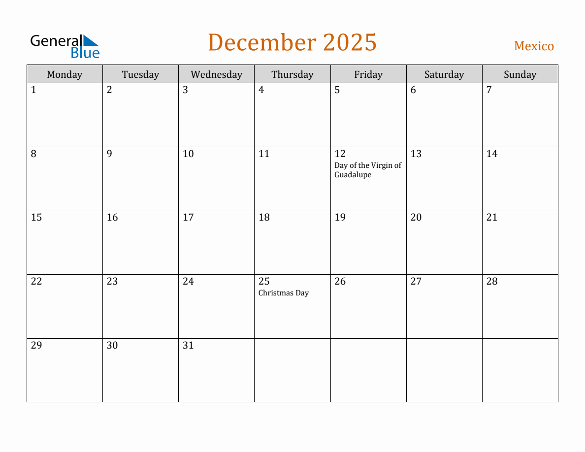 Free December 2025 Mexico Calendar