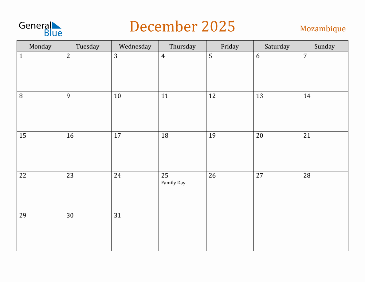 Free December 2025 Mozambique Calendar