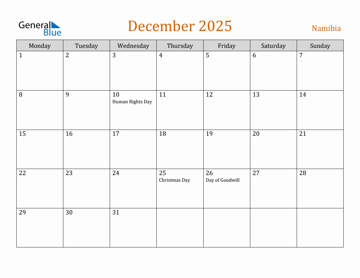 Free December 2025 Namibia Calendar