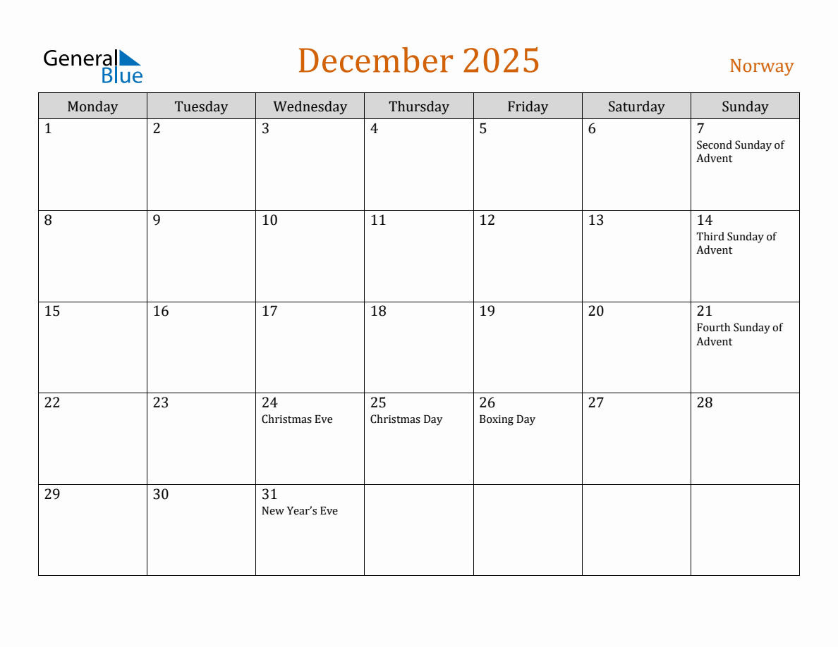 Free December 2025 Norway Calendar