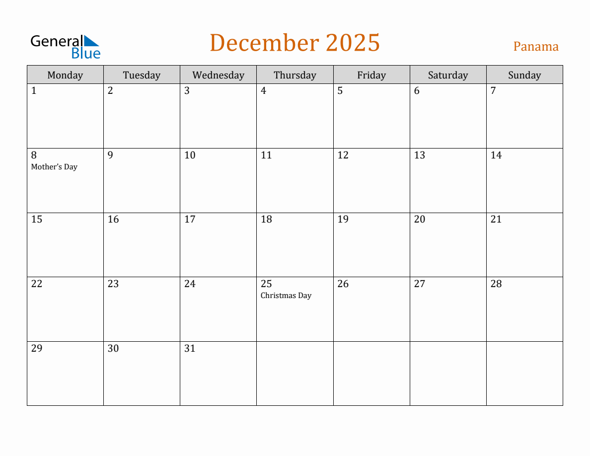 Free December 2025 Panama Calendar