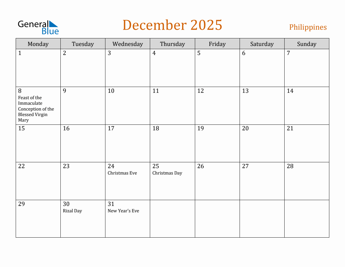 Free December 2025 Philippines Calendar