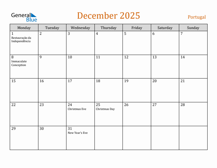 December 2025 Holiday Calendar with Monday Start