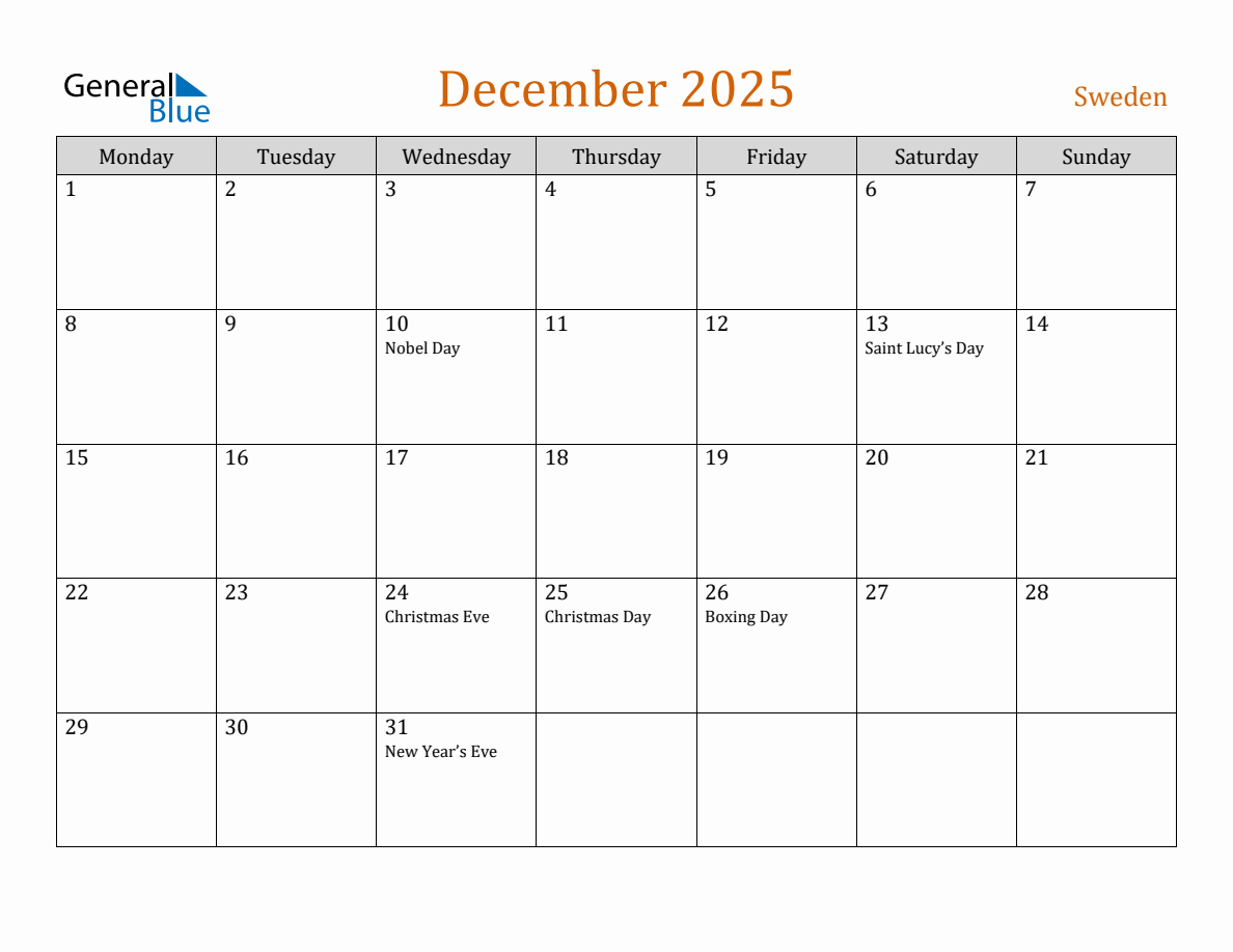 Free December 2025 Sweden Calendar