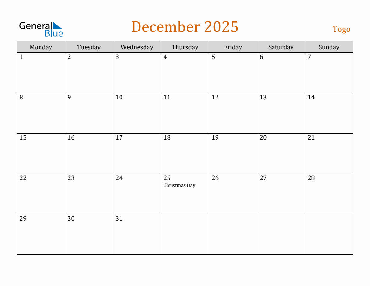 Free December 2025 Togo Calendar