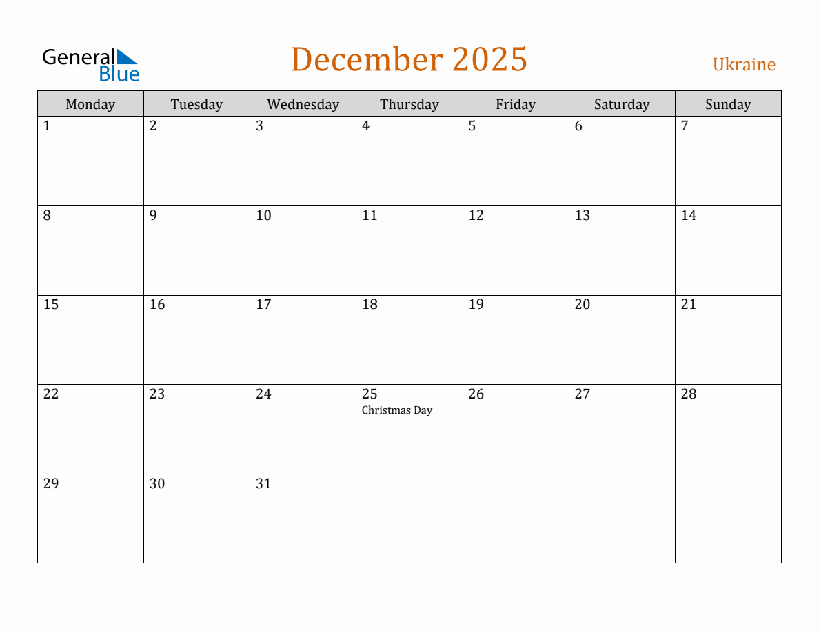 Free December 2025 Ukraine Calendar