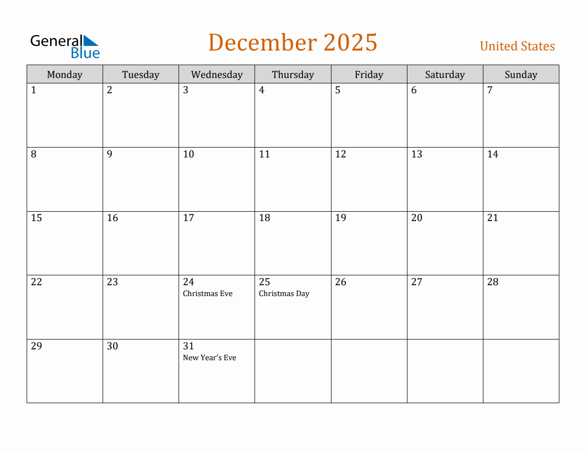 Free December 2025 United States Calendar