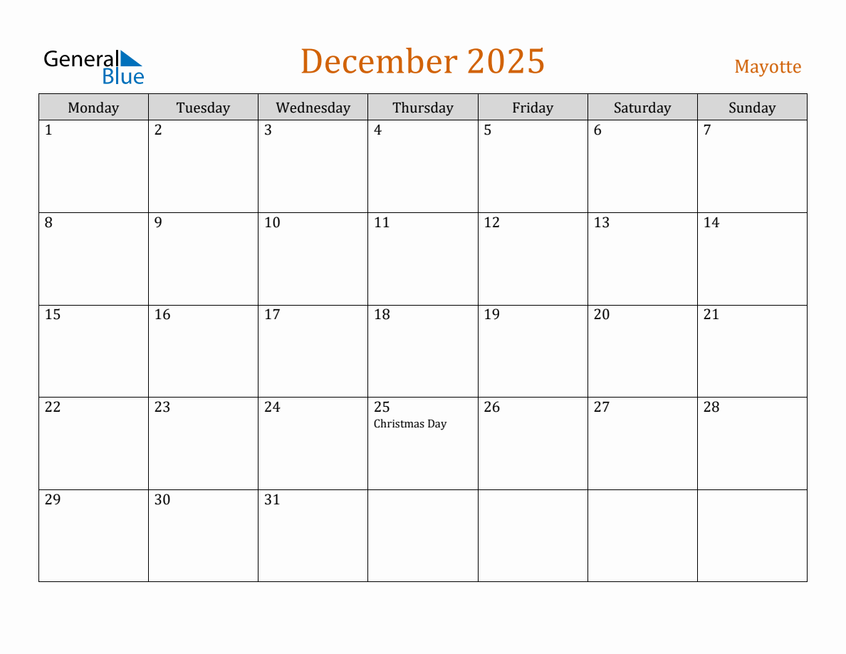 Free December 2025 Mayotte Calendar