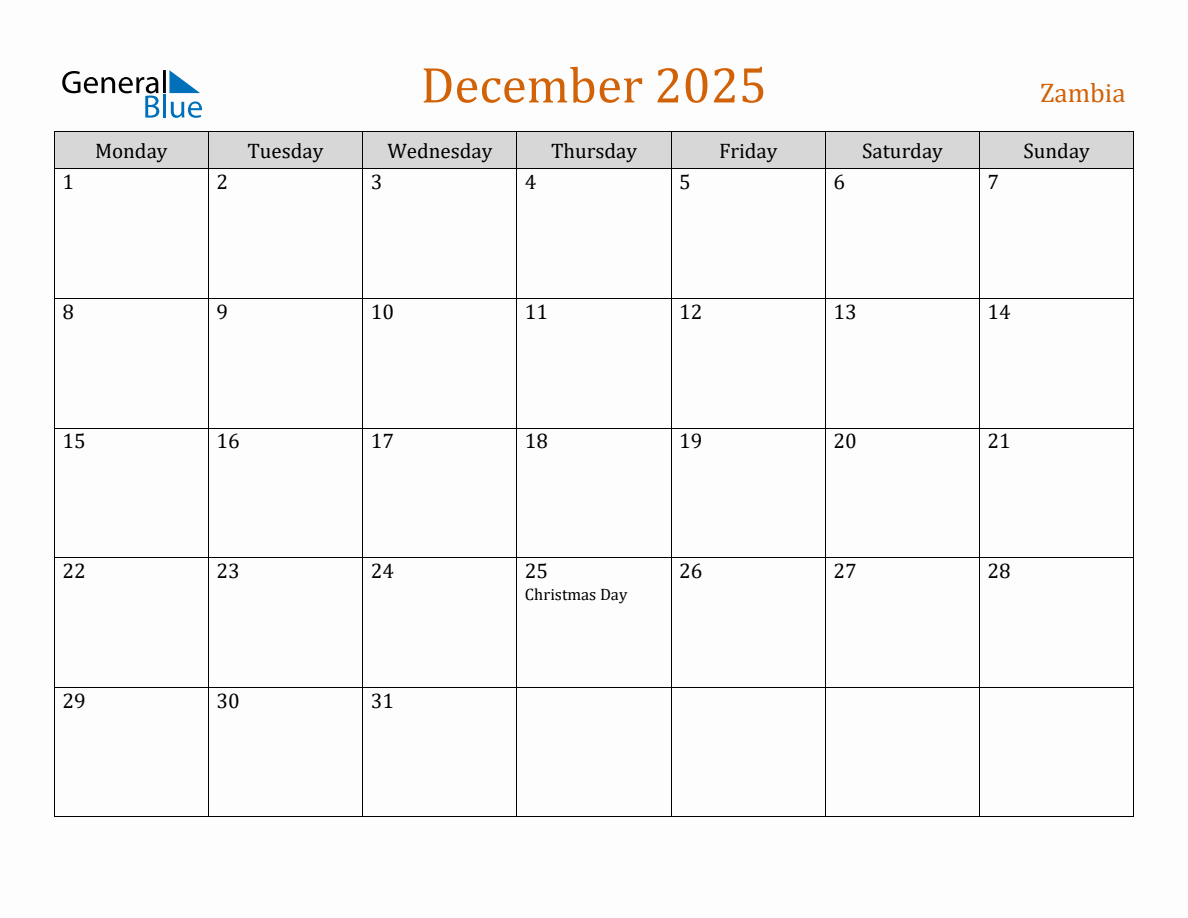 Free December 2025 Zambia Calendar