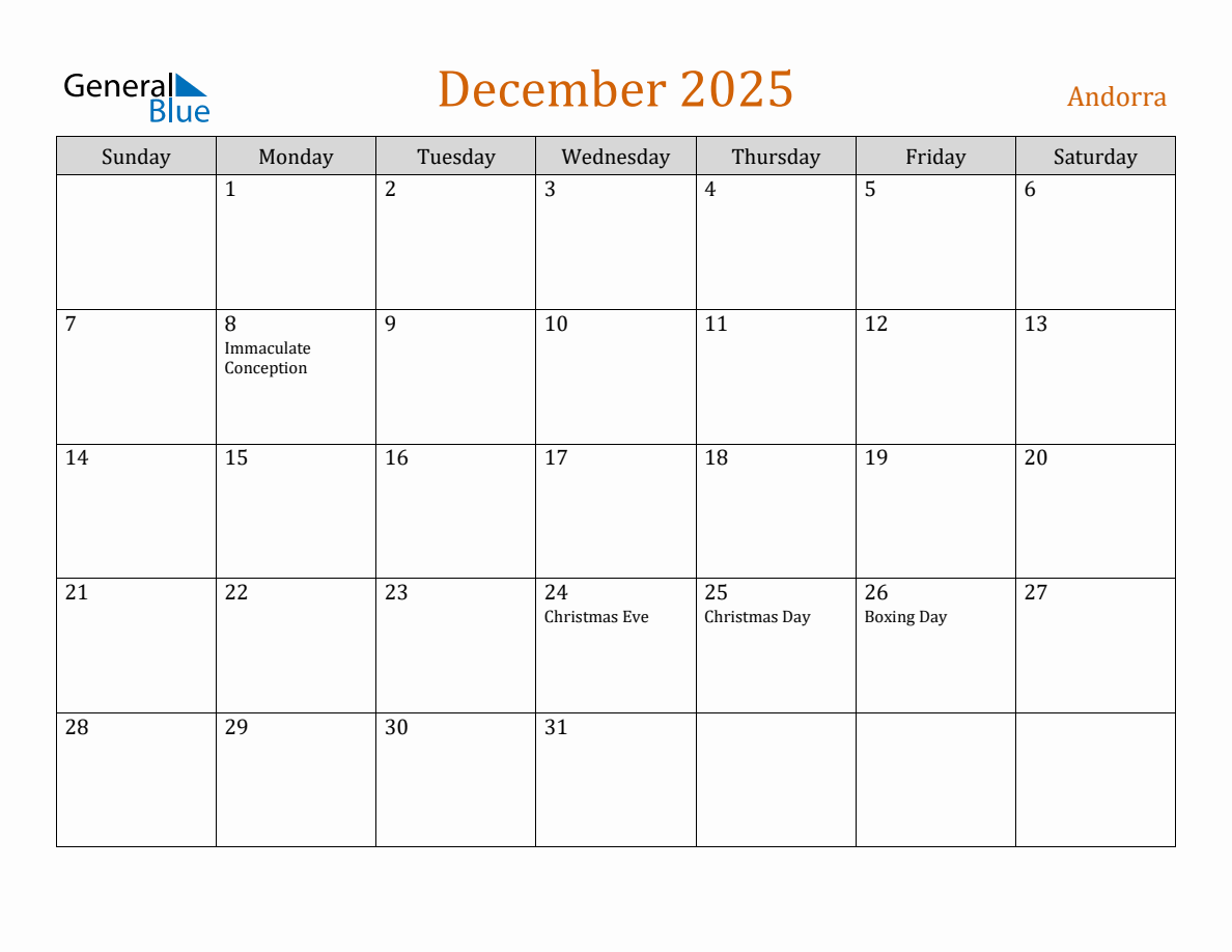 Free December 2025 Andorra Calendar