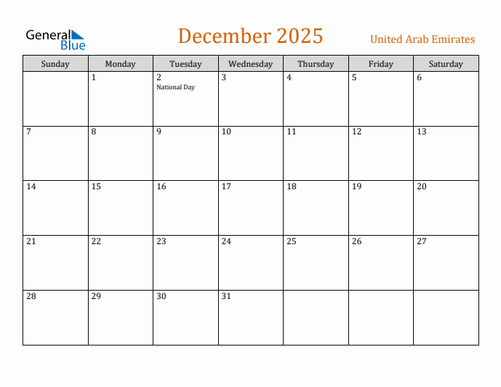 Free December 2025 United Arab Emirates Calendar