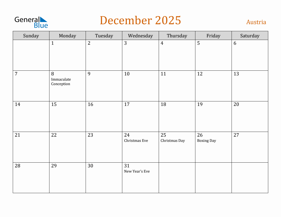 Free December 2025 Austria Calendar