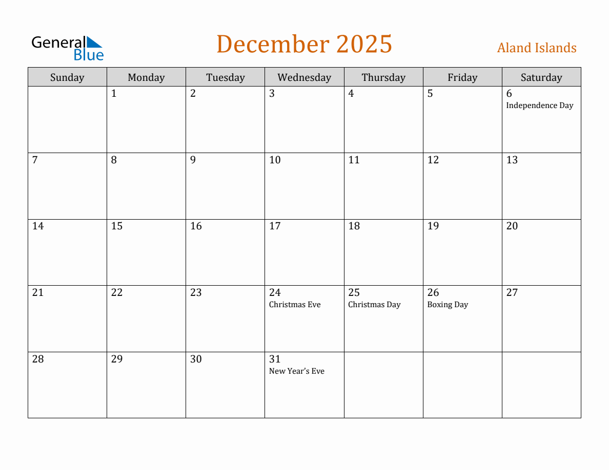 Free December 2025 Aland Islands Calendar