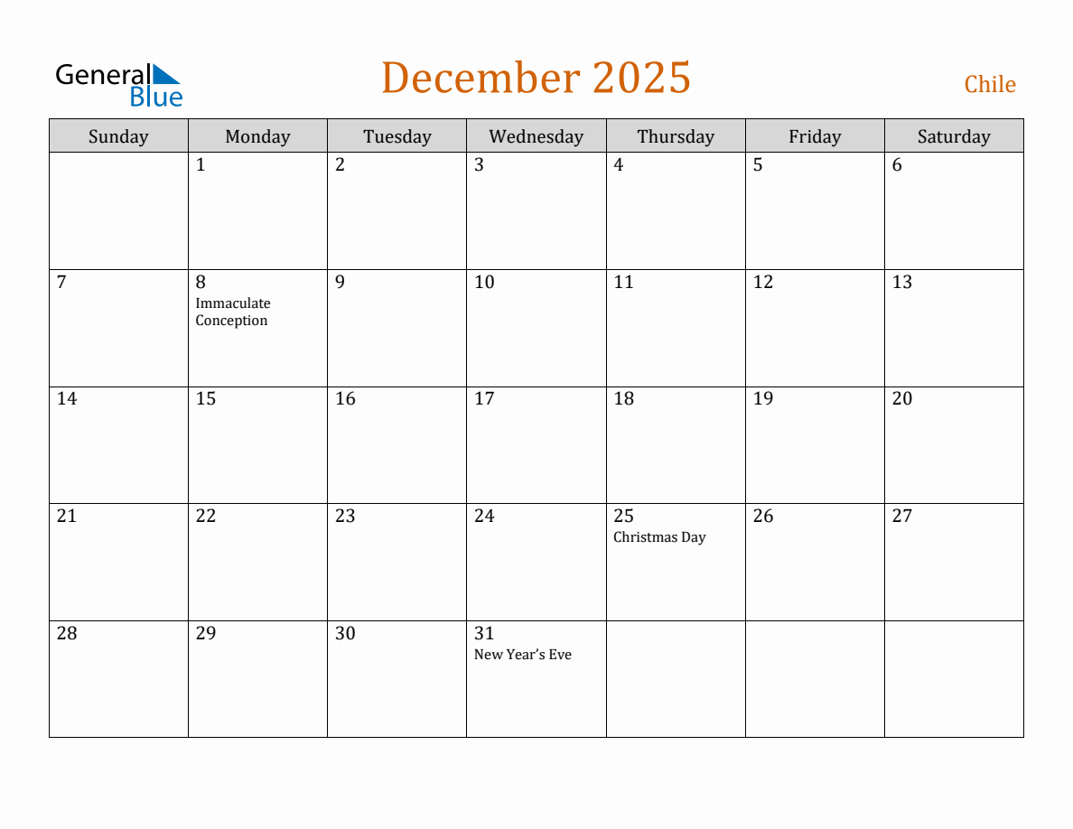 Free December 2025 Chile Calendar