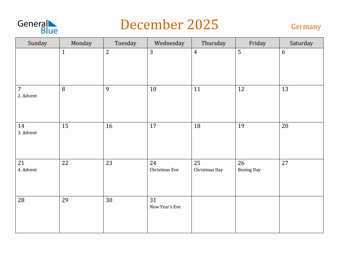 Free December 2025 Germany Calendar